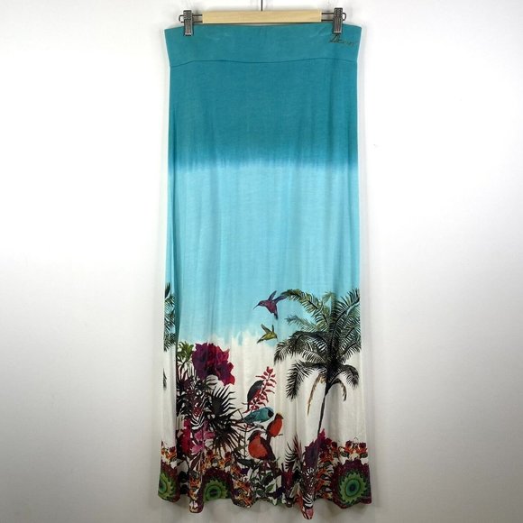 Desigual Womens Medium Long Maxi Pull On Skirt Ombre Birds Floral Cotton Blend